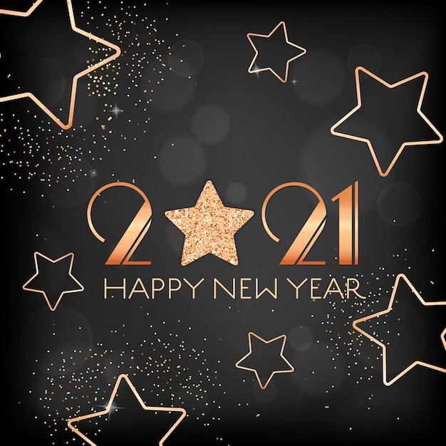 Invitation Flyer or Elegant New Year Postcard. Happy New Year 2021 Greeting Card with Gold Stars and Glitter on Black Blurred Background with Golden Sparkles and Typography. Vector Illustration