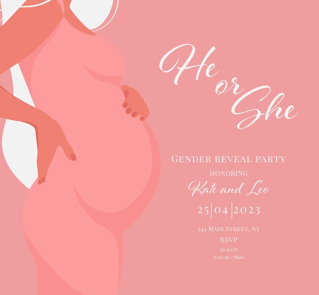 Invitation for gender reveal party with pregnant mother. Vector flat illustration for card