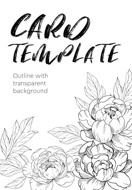 Invitation or greeting card template design with peony outlines.