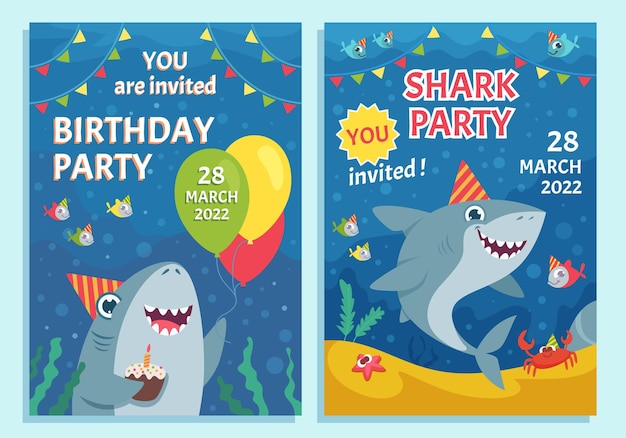 Invitation kids party Print poster template with cute funny mascot cartoon shark and place for personal text exact vector picture set