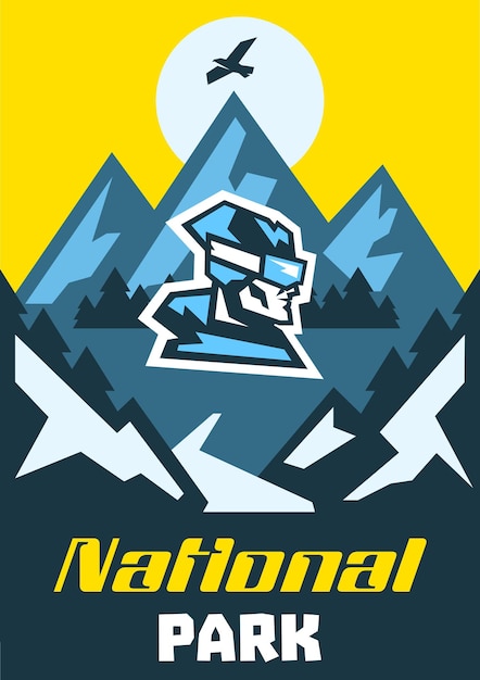 Invitation to a poster in the national park Advertising resting place Logo skier's face Horizontal view of a winter landscape Mountain forest Vector illustration