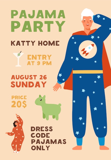 Invitation poster for pajama home party. Vertical placard with happy man in superhero jumpsuit. Flyer template for recreation. Flat vector cartoon illustration of people in funny homewear.