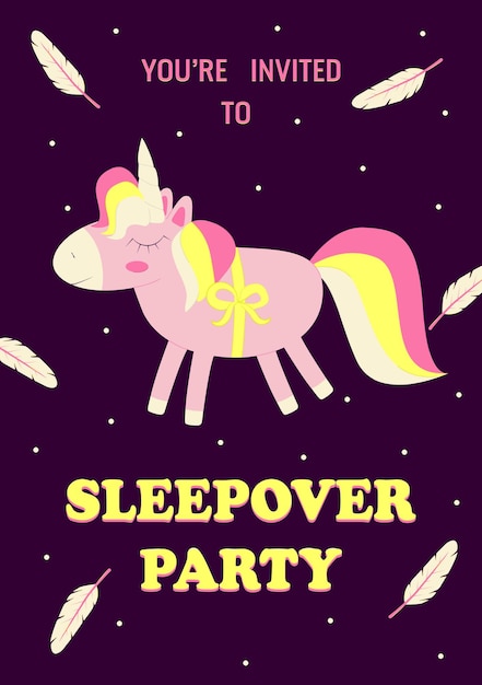 Invitation to a sleepover party Cute unicorn and feathers in the sky A themed bachelorette party sleepover or birthday party Vector illustration