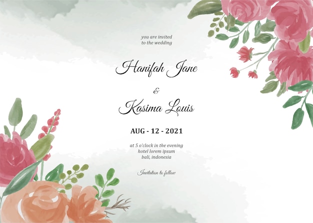 invitation template with flower frame and watercolor background