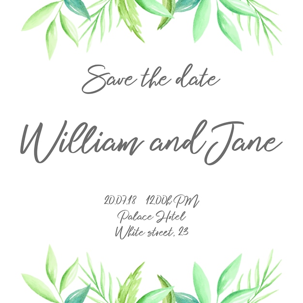 Invitation template with hand drawn watercolor leaves