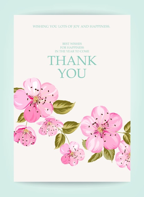 Invitation text card with Thank You sign. Pink sakura tree branch at the bottom of vertical invitation card isolated over white background and text place in center.