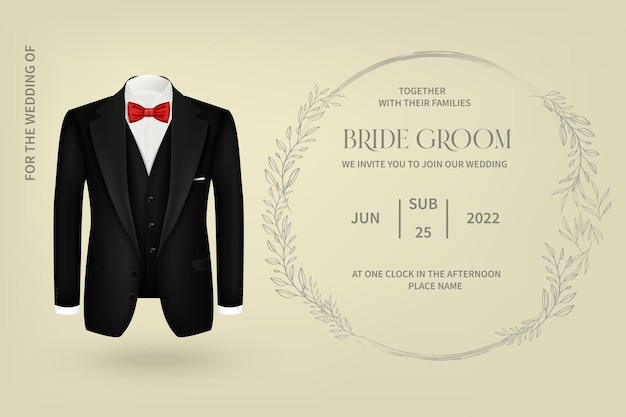 An invitation to a wedding with a silhouette of the groom in profile A postcard template with an inscription on a beige background