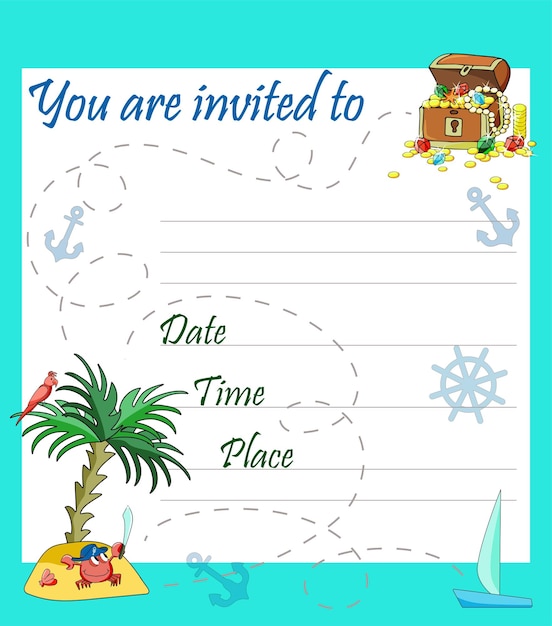 Invitation with a map to find a treasure chest with gold coins and jewels