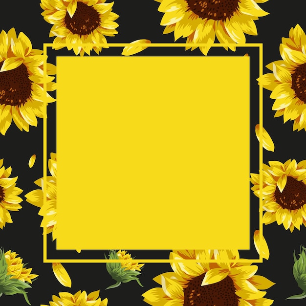 invitation with open sunflower buds closed buds and green leaves and yellow square frame for text