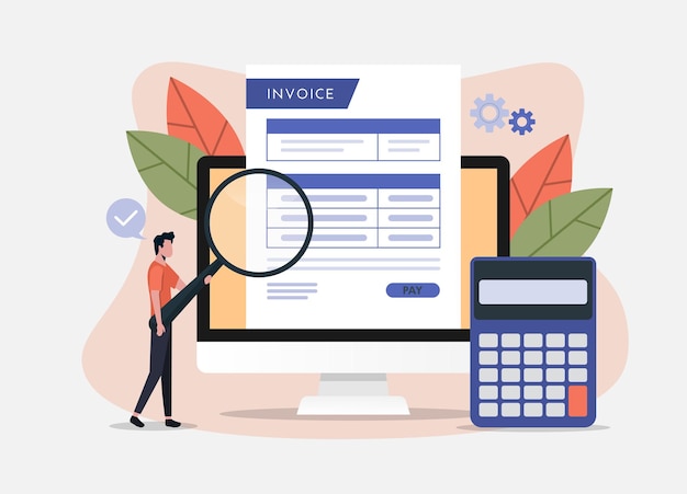 Invoice concept Man holds magnify glass with calculator icon Business transaction and payment vector illustration