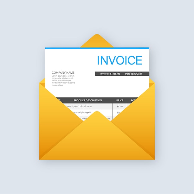 Invoice icon vector, email message received with bill document, flat style open envelope with invoice paper blank.