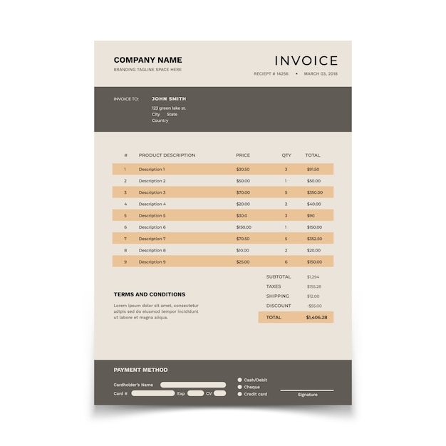 Invoice template. Bill form with data table and tax. Bookkeeping  document design