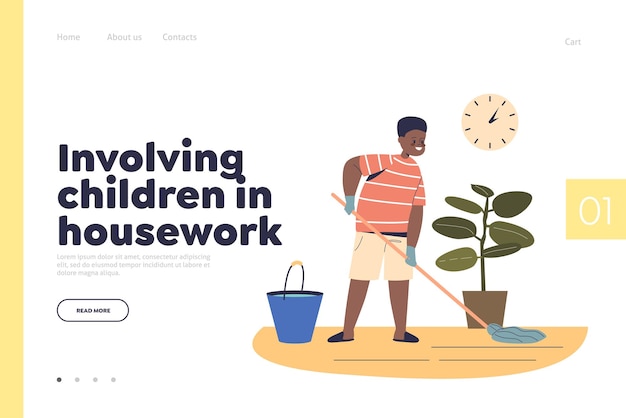 Involving children in housework concept of landing page with boy kid mopping floor in living room Small child do household at home Children helping housekeeping Cartoon flat vector illustration