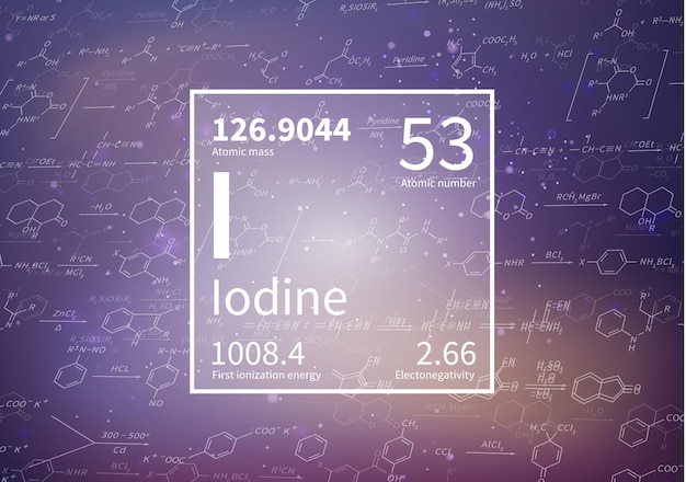 Iodine chemical element with first ionization energy atomic mass and electronegativity values on scientific background