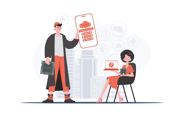 IoT concept The girl and the guy are a team in the field of Internet of things Good for websites and presentations Vector illustration in trendy flat style