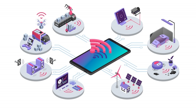 Vector iot isometric color  illustration. devices online remote control. smart home system. cloud computing, electronics wireless connection. internet of things  concept  on white background