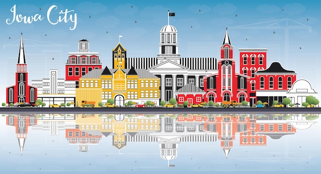 Iowa City Skyline with Color Buildings, Blue Sky and Reflections. Vector Illustration. Business Travel and Tourism Illustration with Historic Architecture.