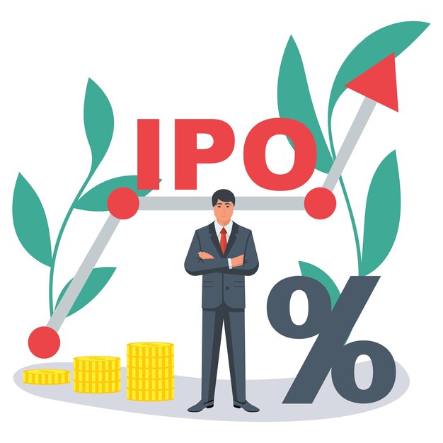 Vector ipo concept businessman on the background of a successful rising graph search for investors