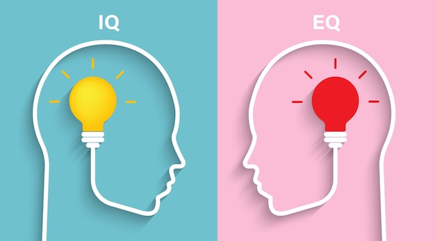 Vector iq and eq concept with head silhouette heads of two persons one with emotional vs intelligence quotient vector illustration design for template design business web brochure and banner