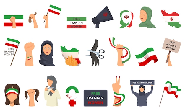 Iran protests icons set cartoon vector Woman flag