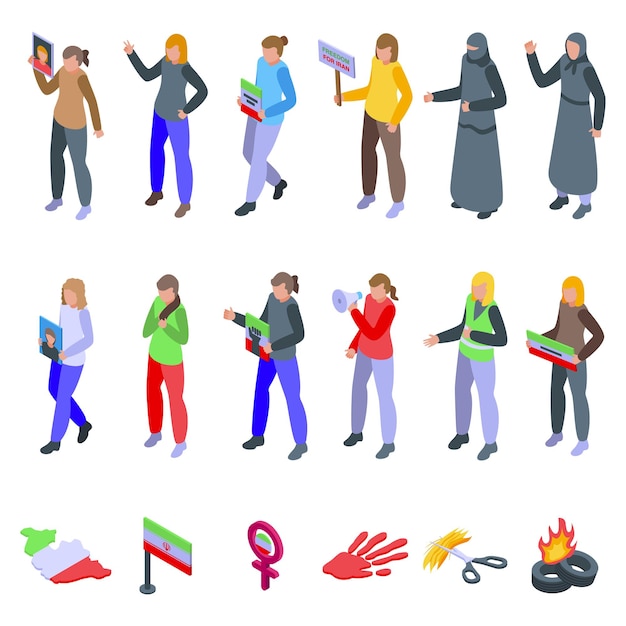 Iran protests icons set isometric vector Woman hair