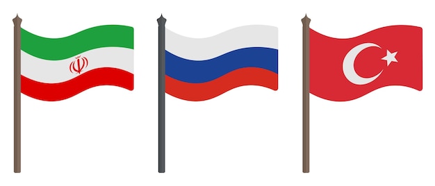 Iran Russia and Turkey flag set in flat style