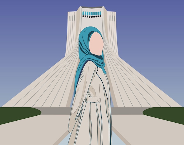 Iranian Muslim girl wearing hijab posing for photo with head turned to right in front of Azadi Tower in Tehran