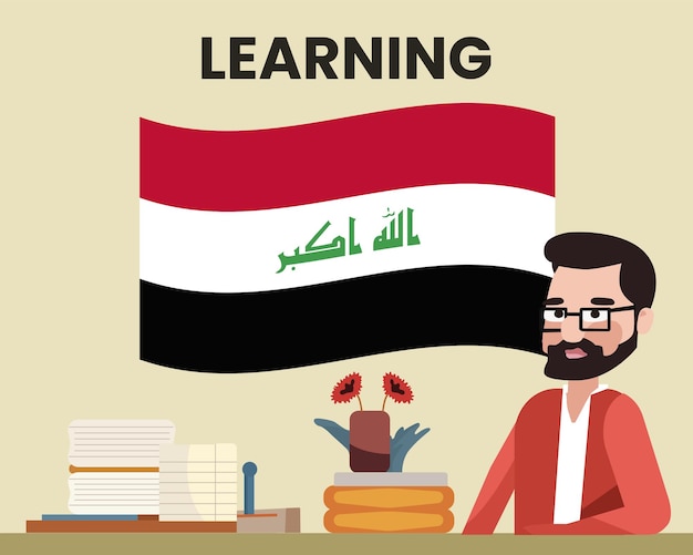 Iraq flag with a male teacher learning or teaching Iraq language school concept