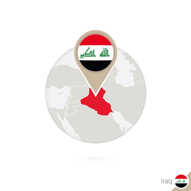 Iraq map and flag in circle. Map of Iraq, Iraq flag pin. Map of Iraq in the style of the globe. Vector Illustration.