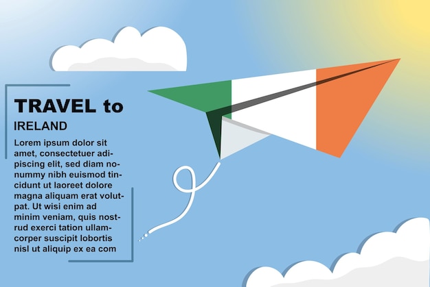 Ireland travel vector banner with paper flag and text space flag on paper plane vacation concept