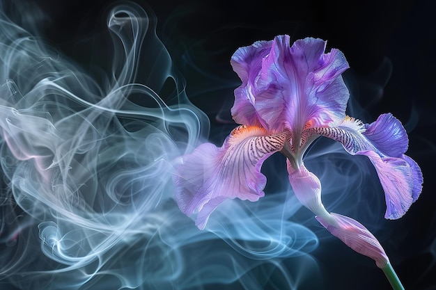 Iris flower light painting photography bioluminescence ethereal purple and pink smoke on black background hyper realistic photography white background ar 32 Job ID b2dd95d636a84ef08307d758bd4f9fea