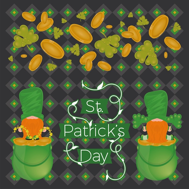 Irish elfs cartoon with a gold coins pot Saint patricks day card Vector