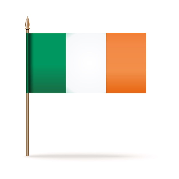 Irish flag on a golden flagpole isolated on white