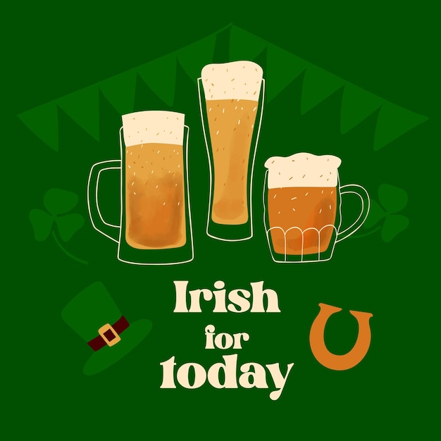 Irish for today text with stylized mug of beer illustration on green background