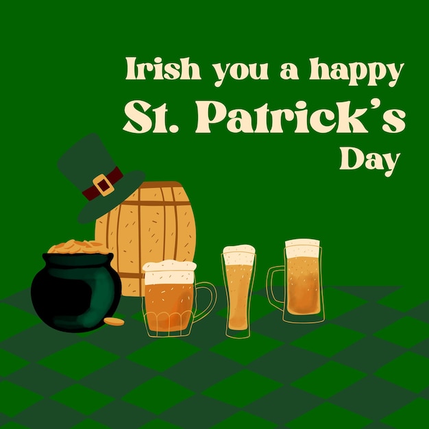 Irish you a happy St Patrick s Day text with beer and pot of gold coins on green background