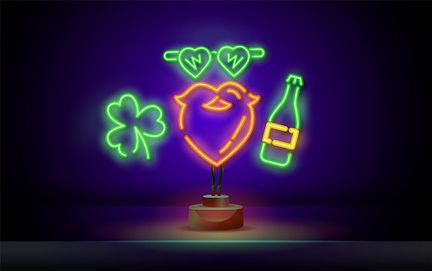 Irishman neon sign neon icon glasses beard clover man portrait vector illustration in neon style st