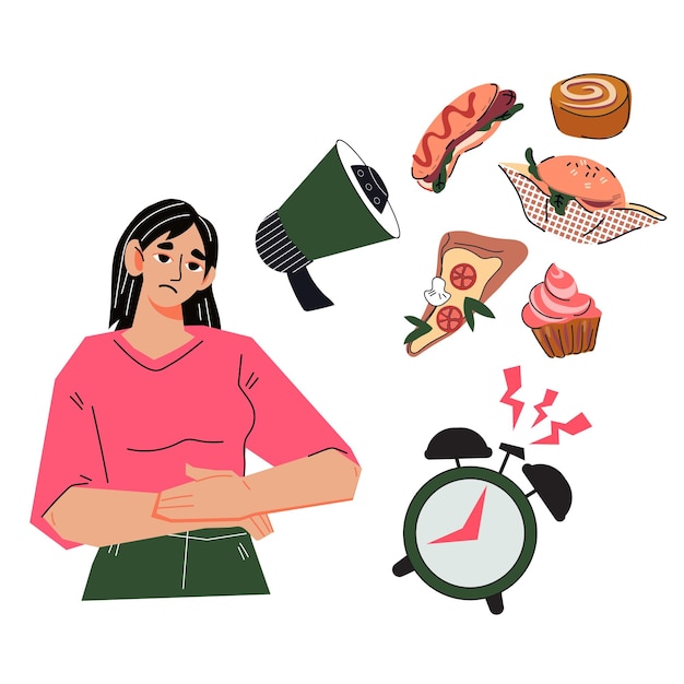 Irregular eating and hunger concept flat vector illustration Woman feels pain in stomach