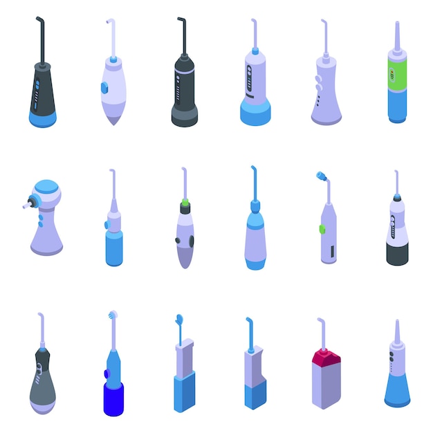 Irrigator for teeth icons set isometric vector Teeth water