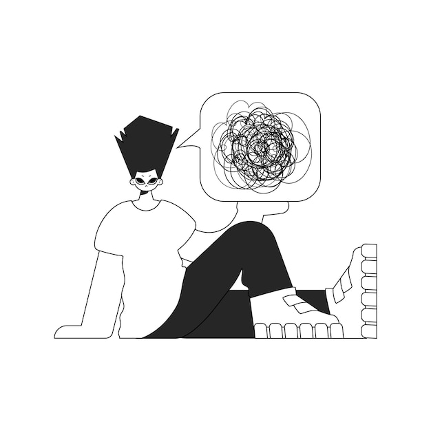 Vector irritated man shows confused thoughts theme of psychology linear black and white style