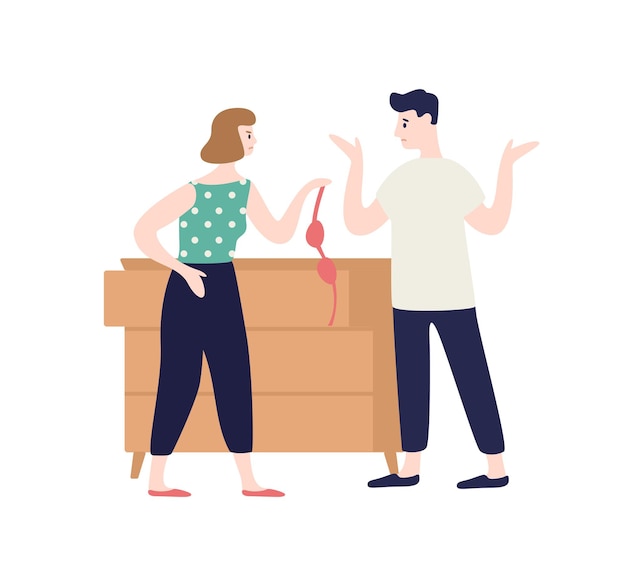 Irritated woman holding lingerie incriminating at treason of male vector flat illustration. Frustrated angry wife shouting to womanizer husband isolated on white. Love triangle concept.