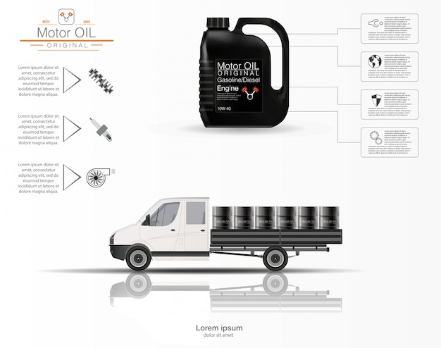 Is the engine oil. Infographics of engine oil. Three-dimensional model of the truck on a white background. Volume capacity for oil.  image.