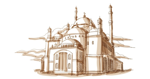 Islam Mosque Front View Hand Drawn Sketch Illustration