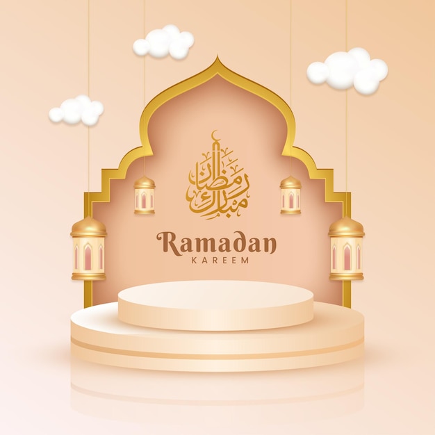 Islamic 3d product display podium ramadan kareem sale banner ornament lantern background Premium Vector