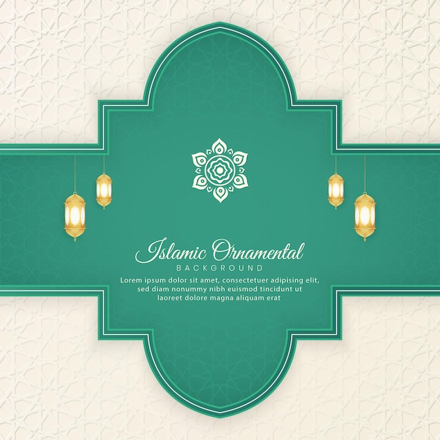 Islamic Arabic Green and White Background with Geometric pattern and Beautiful Ornament with Lantern