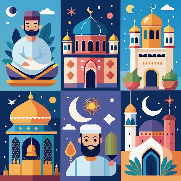 Vector islamic architecture mosques minarets and islamic art in flat design