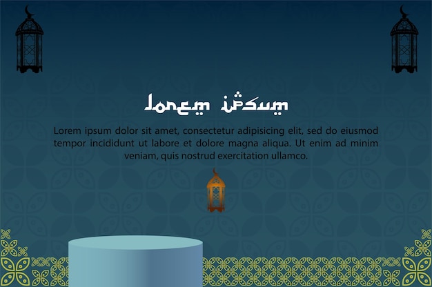 Islamic background with blue gradient color combined with arabic frame and 3d podium