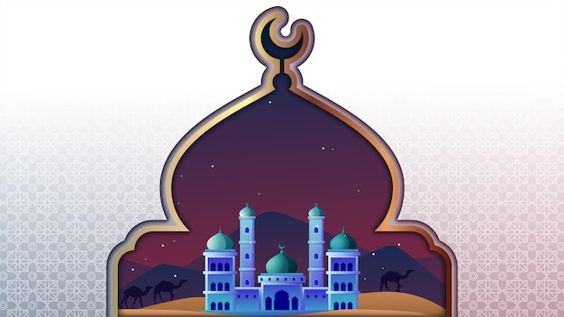 Islamic Background with Cartoon Mosque on Desert