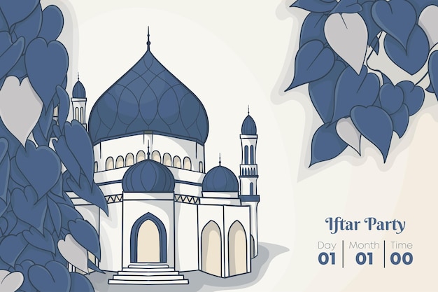 Islamic background with Mosque behind the blue leaves in hand drawn design for ramadan template