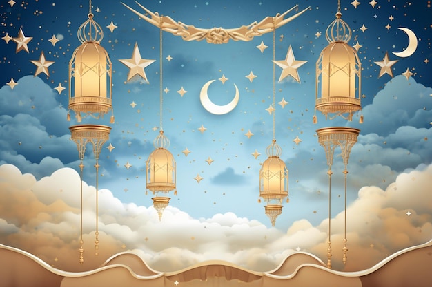 Islamic Background with Stars Moon and Lanterns