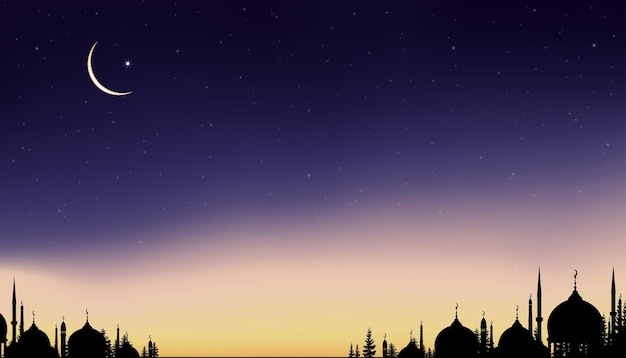 Islamic card with Silhouette Dome MosquesCrescent moon on Orange sky backgroundVetor Ramadhan Night with twilight dusk sky for Islamic religionEid alAdhaEid MubarakEid al fitrRamadan Kareem